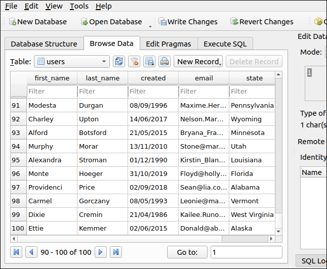 Dados importados na tabela de usuários no navegador do banco de dados para SQLite