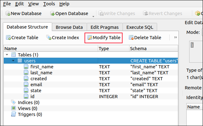 Painel de estrutura do banco de dados no navegador do banco de dados para SQLite