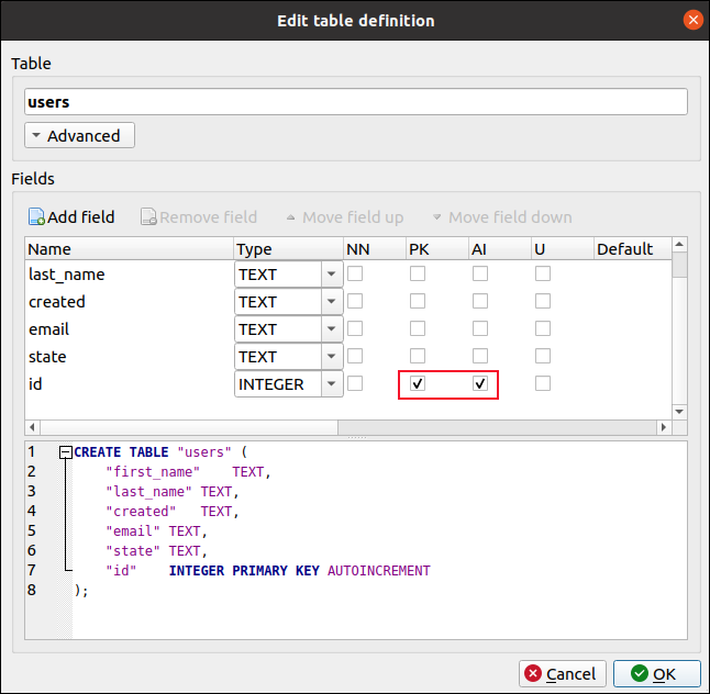 Caixa de diálogo Editar Definição de Tabela no DB Browser para SQLite