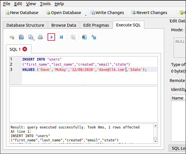 Execute o painel SQL no DB Browser para SQLite