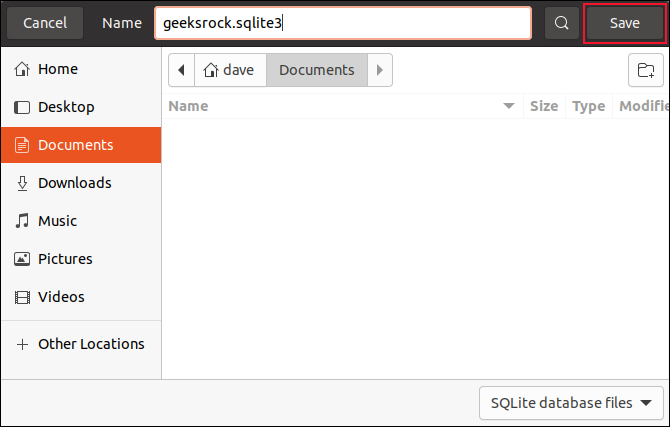 Caixa de diálogo Salvar arquivo com banco de dados chamado geeksrock.sqlite3 inserido