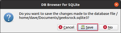 Uma caixa de diálogo Salvar confirmação no navegador do banco de dados para SQLite