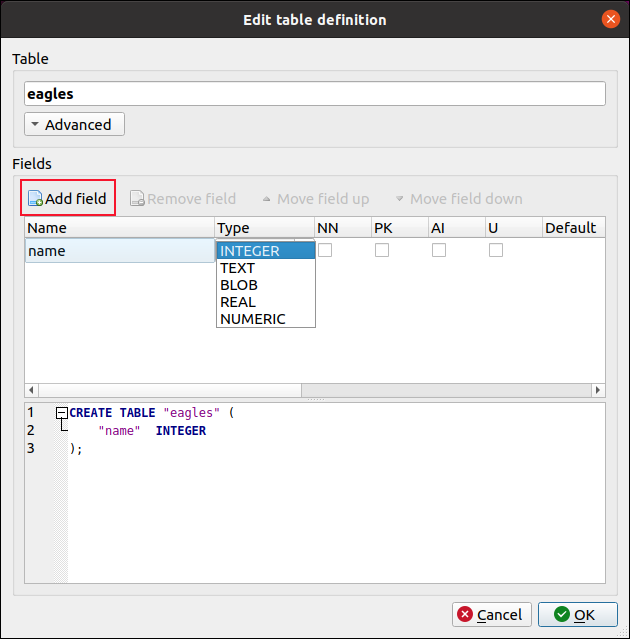Caixa de diálogo Editar Definição de Tabela DB Browser para SQLite