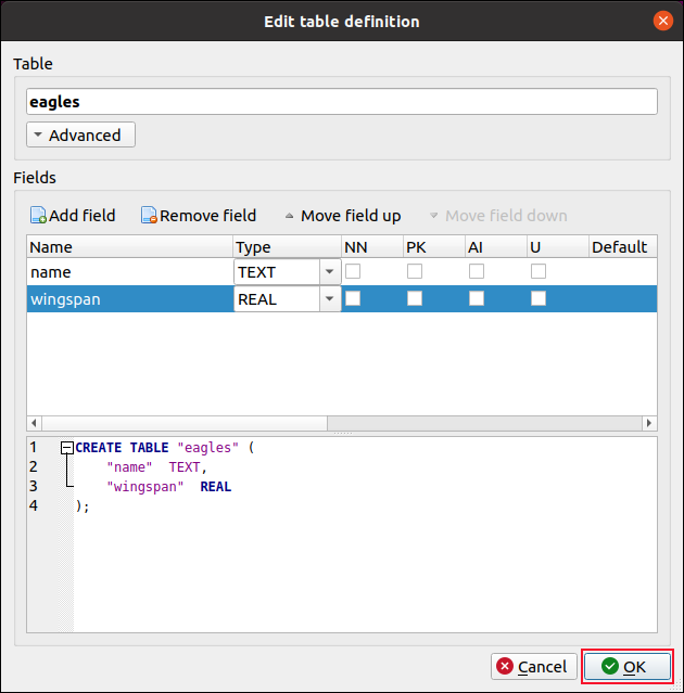 Caixa de diálogo Editar Definição de Tabela com dois campos adicionados à nova tabela DB Browser para SQLite