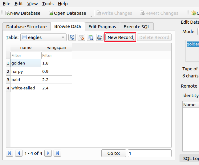 Guia Navegar Dados com novos registros listados DB Browser para SQLite