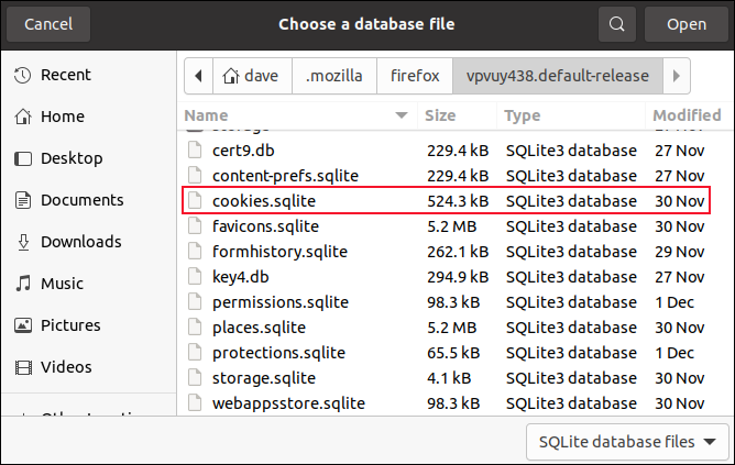 Caixa de diálogo de abertura de arquivo com o arquivo coockies.sqlite destacado