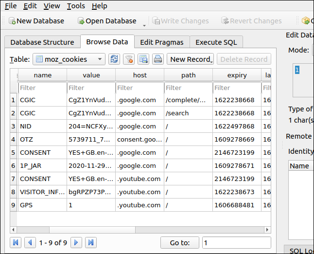 Dados de cookies dentro do banco de dados cookies.sqlite do Firefox DB Browser para SQLite