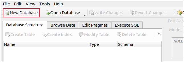 Novo banco de dados na barra de ferramentas do navegador do banco de dados para SQLite