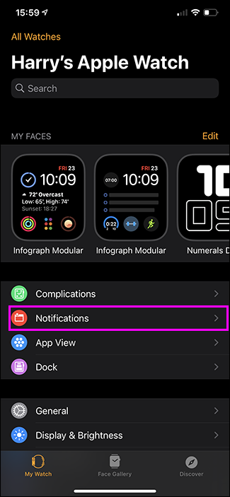 opção de notificações em destaque app apple watch