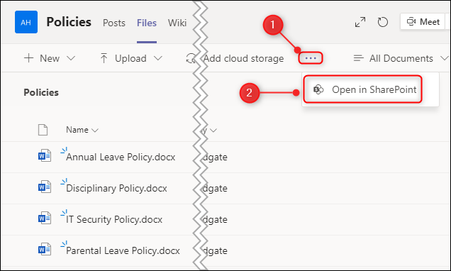 A opção "Abrir no SharePoint".