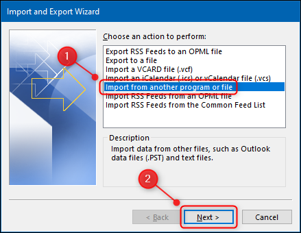 Opção "Importar de outro programa ou arquivo" do Outlook.