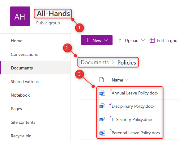 O site do SharePoint que fica por trás da equipe.