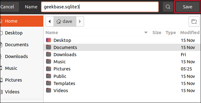 Caixa de diálogo para salvar o arquivo com "geekbase.sqlite3" inserido como o nome do arquivo