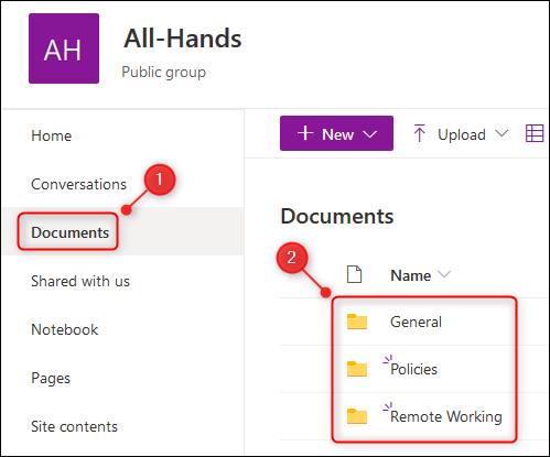 A biblioteca "Documentos" do SharePoint mostrando as pastas criadas para cada canal.