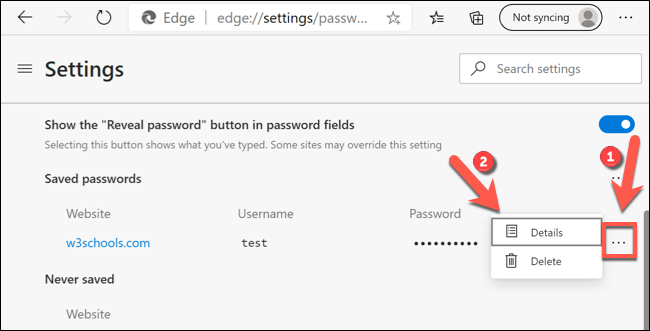 Pressione o ícone de menu de três pontos> Detalhes para editar uma entrada de senha no Microsoft Edge.