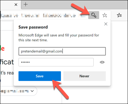 Clique no ícone da chave de segurança na barra de endereço do Edge para salvar as senhas em seu perfil de usuário do Edge