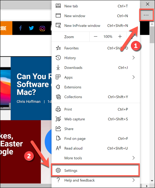 Pressione o ícone de menu de três pontos> Configurações para acessar o menu de configurações do Edge.