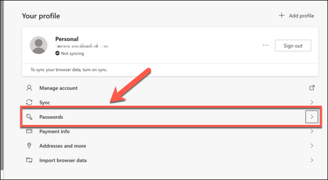 Na guia "Perfil" de Configurações do Edge, clique na opção "Senhas".