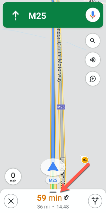 Toque nas informações da rota (contendo ETAs) na parte inferior da interface de navegação do Google Maps