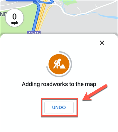 Toque em "Desfazer" para remover um relatório de tráfego adicionado recentemente do Google Maps