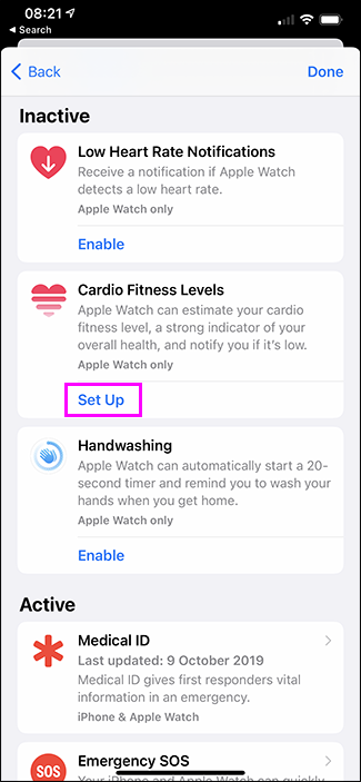 configurar a opção de níveis de fitness cardo no aplicativo de saúde