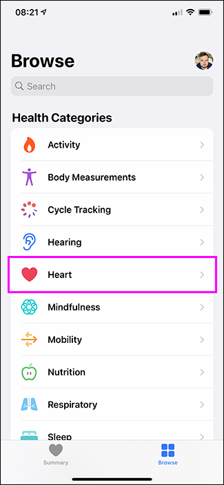 selecionando a opção de coração no aplicativo de saúde
