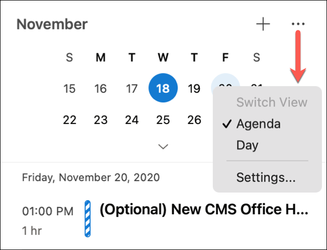 Clique em três pontos para ver Agenda ou Dia