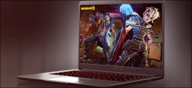 Uma renderização de computador de um laptop Ryzen 4000 em roxo com um papel de parede Borderlands 3.