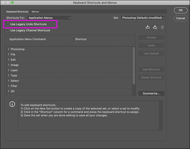 ativando atalhos de desfazer legados no photoshop