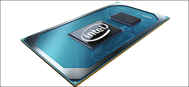 Uma renderização por computador dos processadores Tiger Lake da Intel com coloração azul gelo e prata.