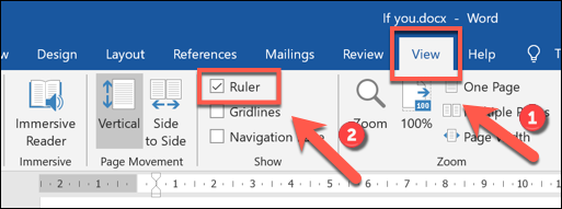 Clique em Exibir> Régua para habilitar a barra de fita no Microsoft Word