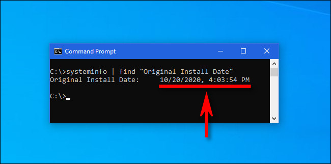 Digite o comando “systeminfo” em um prompt de comando do Windows para obter a data de instalação da atualização principal mais recente.