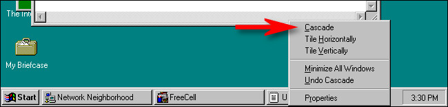 A opção de cascata no Windows 95.