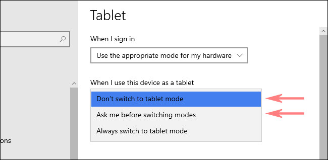 Nas configurações do Windows 10 Tablet, escolha uma opção no menu suspenso.