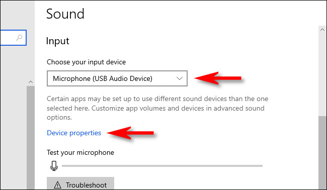 Nas configurações do Windows 10, escolha o microfone e selecione "Propriedades do dispositivo".