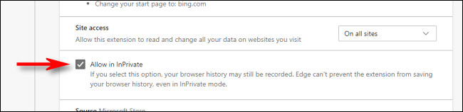 Nos detalhes da extensão do Edge, marque a caixa ao lado de "Permitir InPrivate".