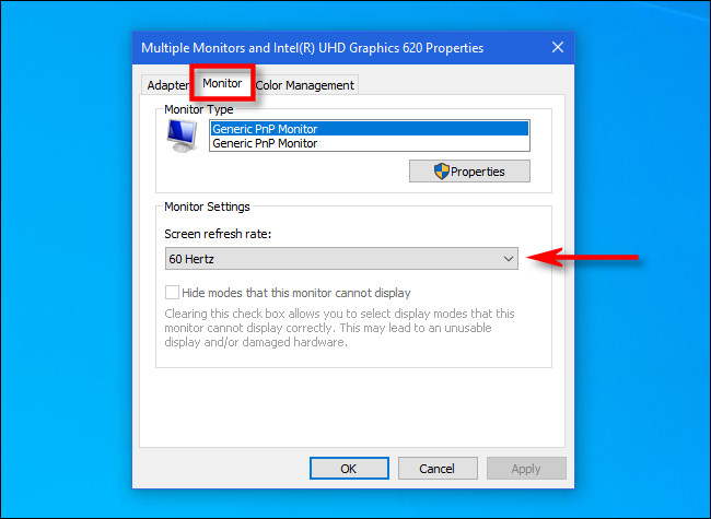 Nas configurações do adaptador de vídeo, clique na guia "Monitor" e defina a taxa de atualização.