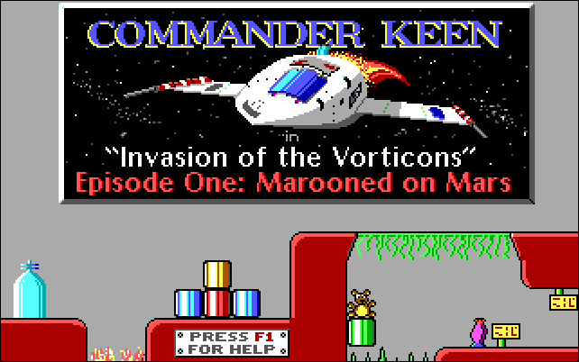 Uma nave espacial com o título "Comandante Keen: Invasão dos Vorticons Episódio Um: Marooned on Mars."