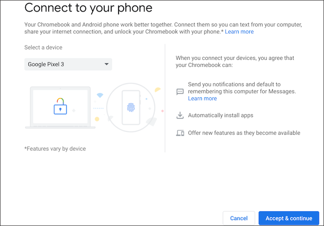 Selecione o telefone Android para conectar no Chromebook