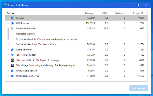 Uma janela de exemplo do gerenciador de tarefas do navegador integrado do Microsoft Edge