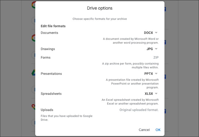 Edit file formats for Google Drive data export