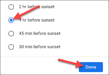 escolha uma hora com base no nascer ou pôr do sol