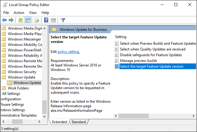 Opções do Windows Update for Business na Política de Grupo.