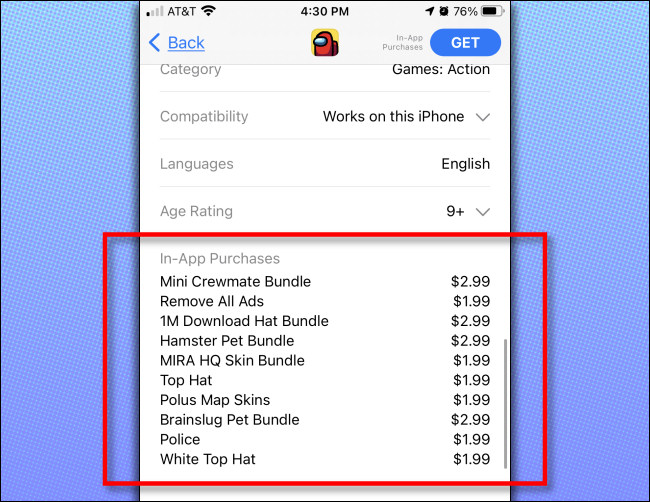 Na app store do iPhone ou iPad, você verá uma lista de compras no aplicativo disponíveis para o aplicativo