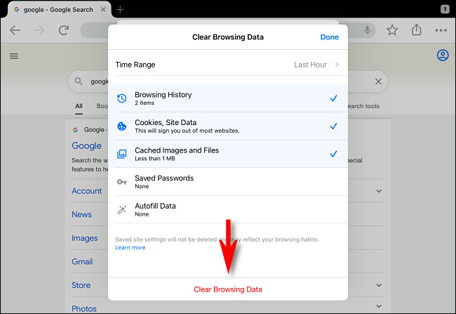 No Google Chrome no iPhone e iPad, toque em "Limpar dados de navegação".