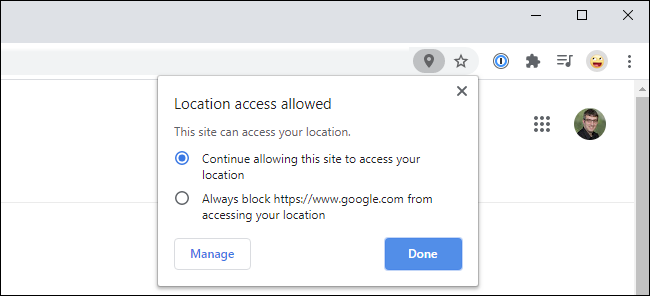 Pop-up do Google Chrome mostrando o acesso ao local permitido em um site.
