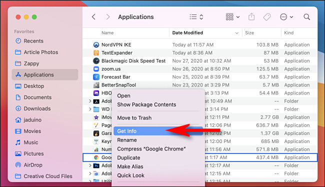 Na pasta Aplicativos, clique com o botão direito no ícone do aplicativo e selecione "Obter Informações".