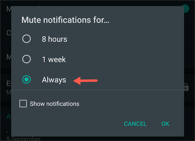 Selecione "Sempre" para silenciar um bate-papo do WhatsApp para sempre