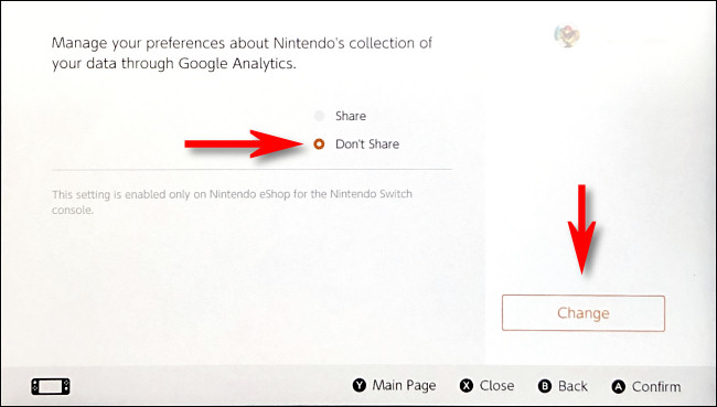 Na página de opções do Nintendo eShop Google Analytics, selecione "Não compartilhar" e, em seguida, selecione "Alterar".
