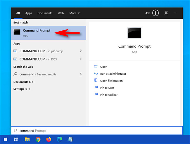 No Windows 10, clique no menu Iniciar e digite "comando" e, em seguida, clique no ícone "Prompt de comando" que aparece.